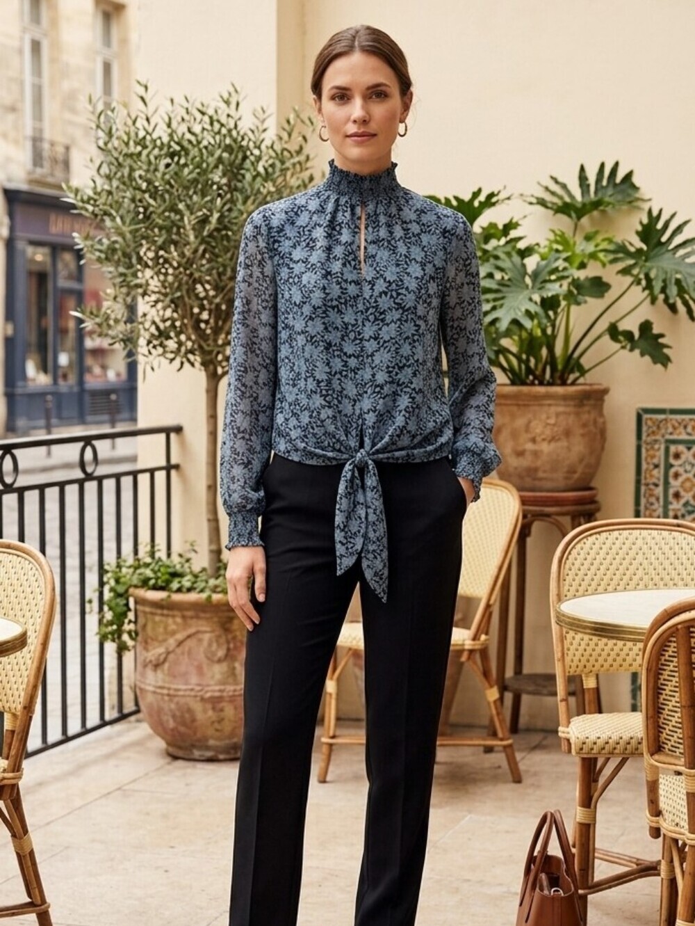 1. State Black & Light Blue Floral Tie-Hem Long Sleeve Blouse